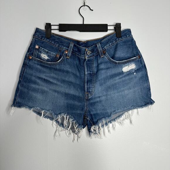 Levi's Women's Medium Dark Wash High Rise Button Fly 501 Cut Off Shorts Size 30 - Picture 1 of 8